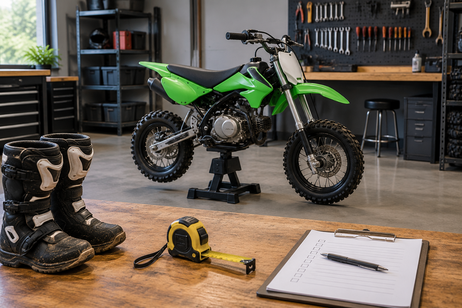 A compact youth pit bike on a stand in a workshop with a measuring tape and clipboard on a workbench.