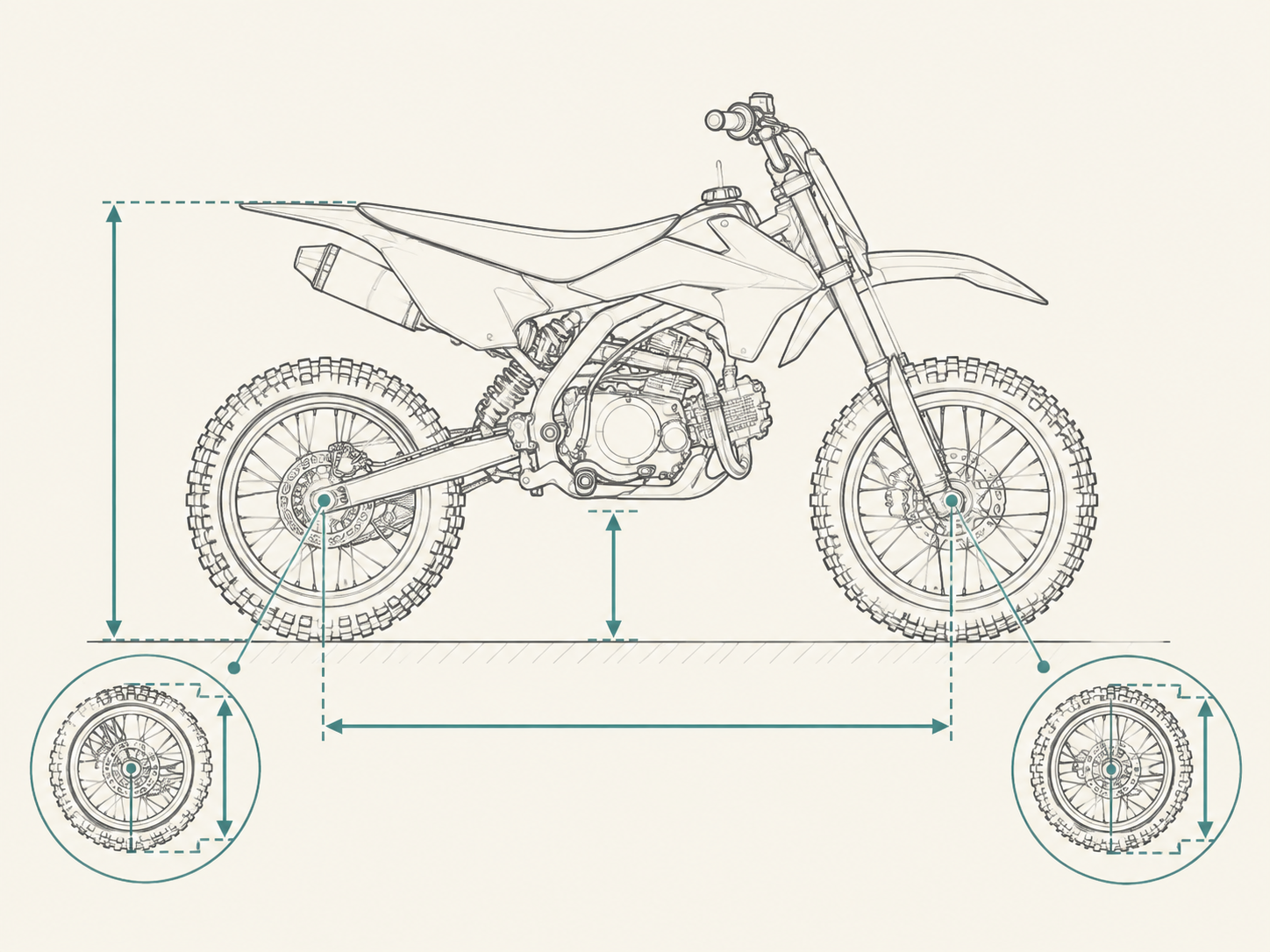 Technical schematic marking essential missing fitment measurements including seat height and wheel dimensions on a pit bike silhouette.