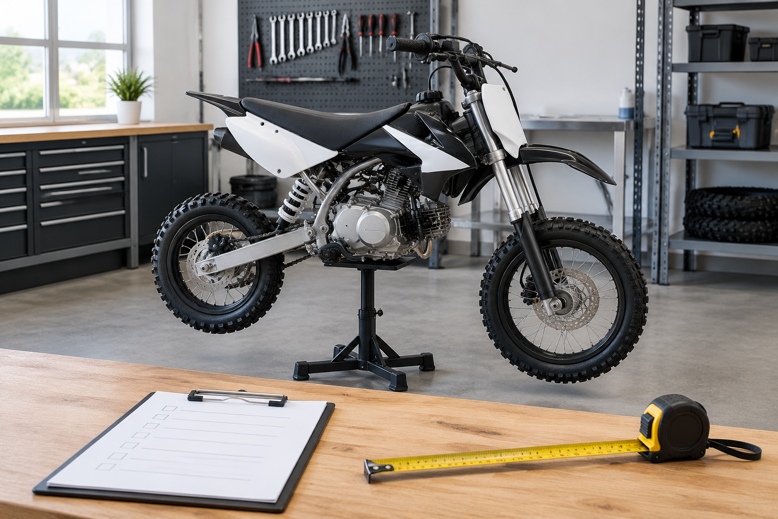 A compact mini pit bike on a workshop stand next to measuring tape and an unbranded inspection clipboard.