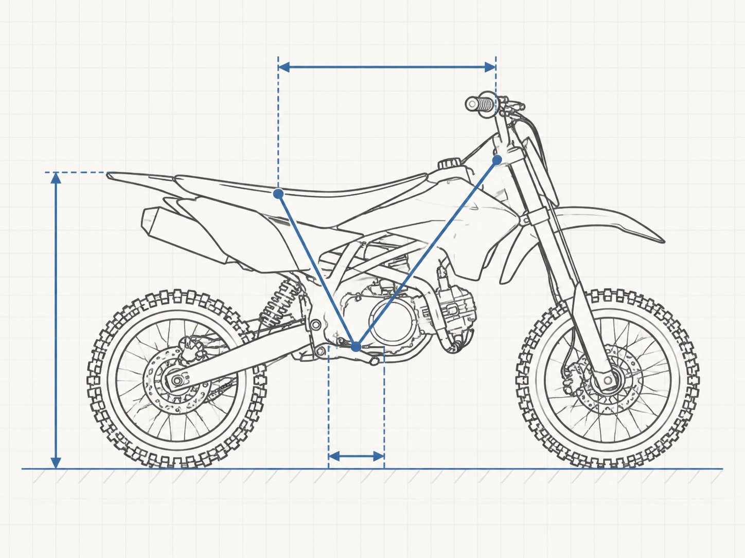 Technical schematic of a pit bike frame displaying vertical seat height, handlebar reach, and footpeg distance callout lines on a neutral grid.