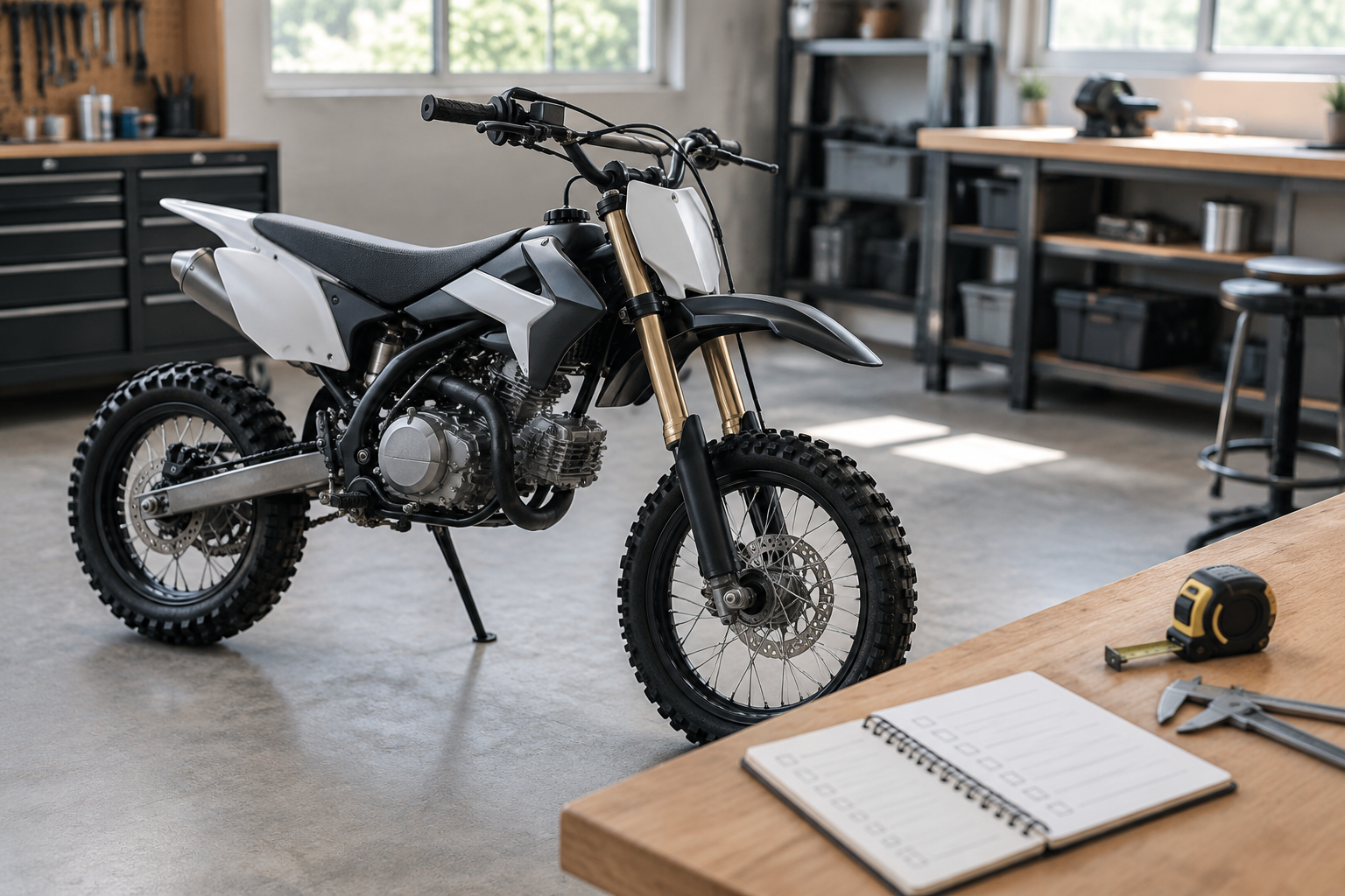 An unbranded compact pit bike parked beside a workbench with a measurement notebook and tape measure in a brightly lit workshop.
