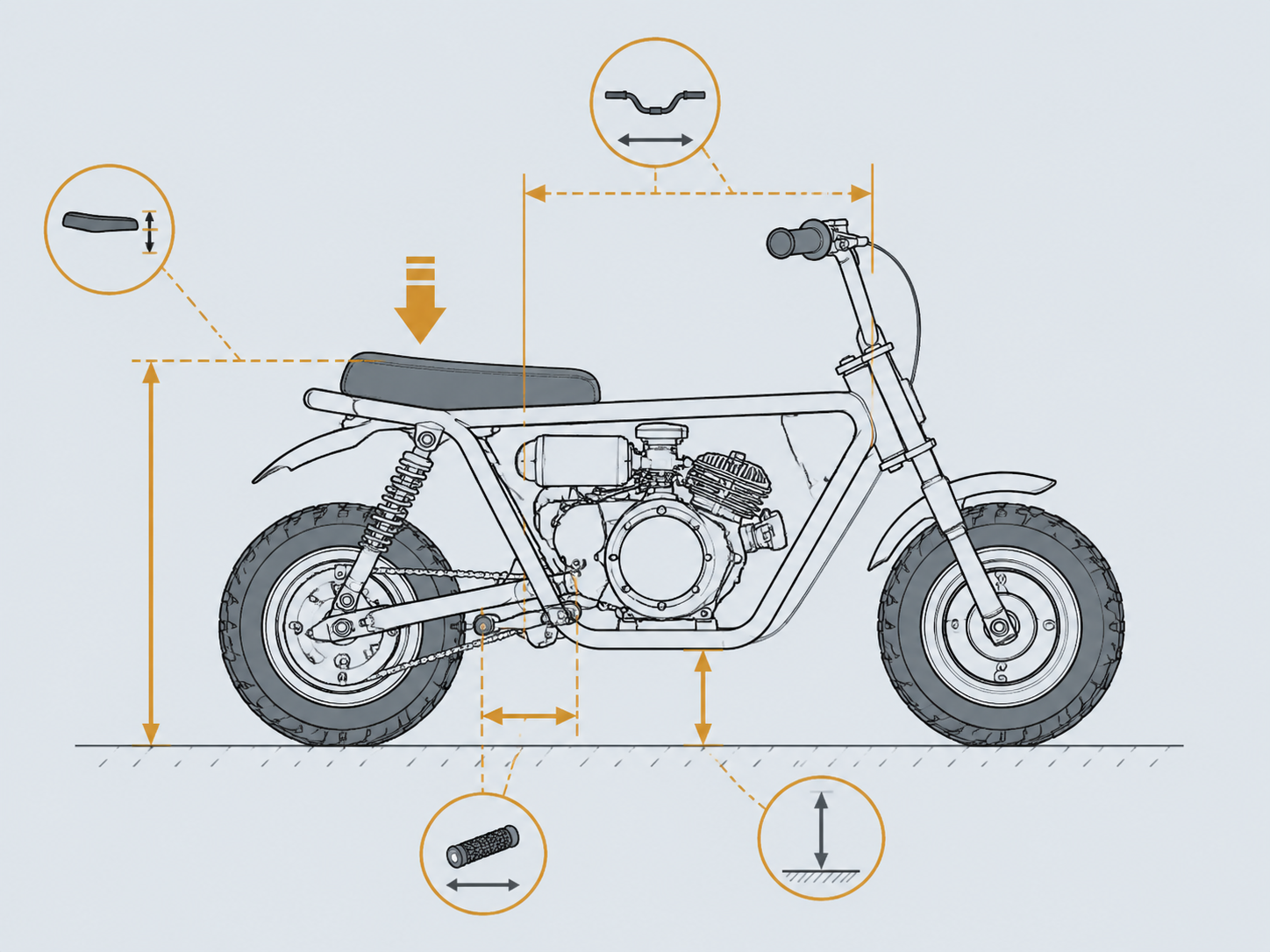 Technical schematic diagram of a compact mini bike showing key fit measurements such as seat height, reach, and peg clearance that require confirmation beyond basic weight limits.