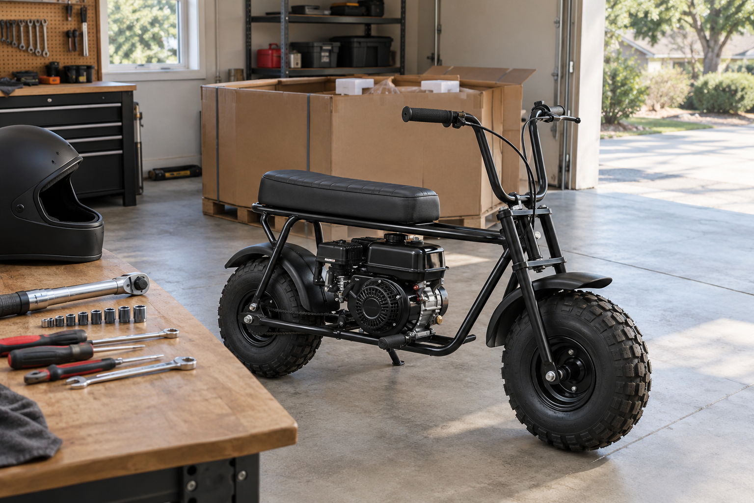 Compact gas mini bike resting on a concrete garage floor next to assembly tools and a workbench.