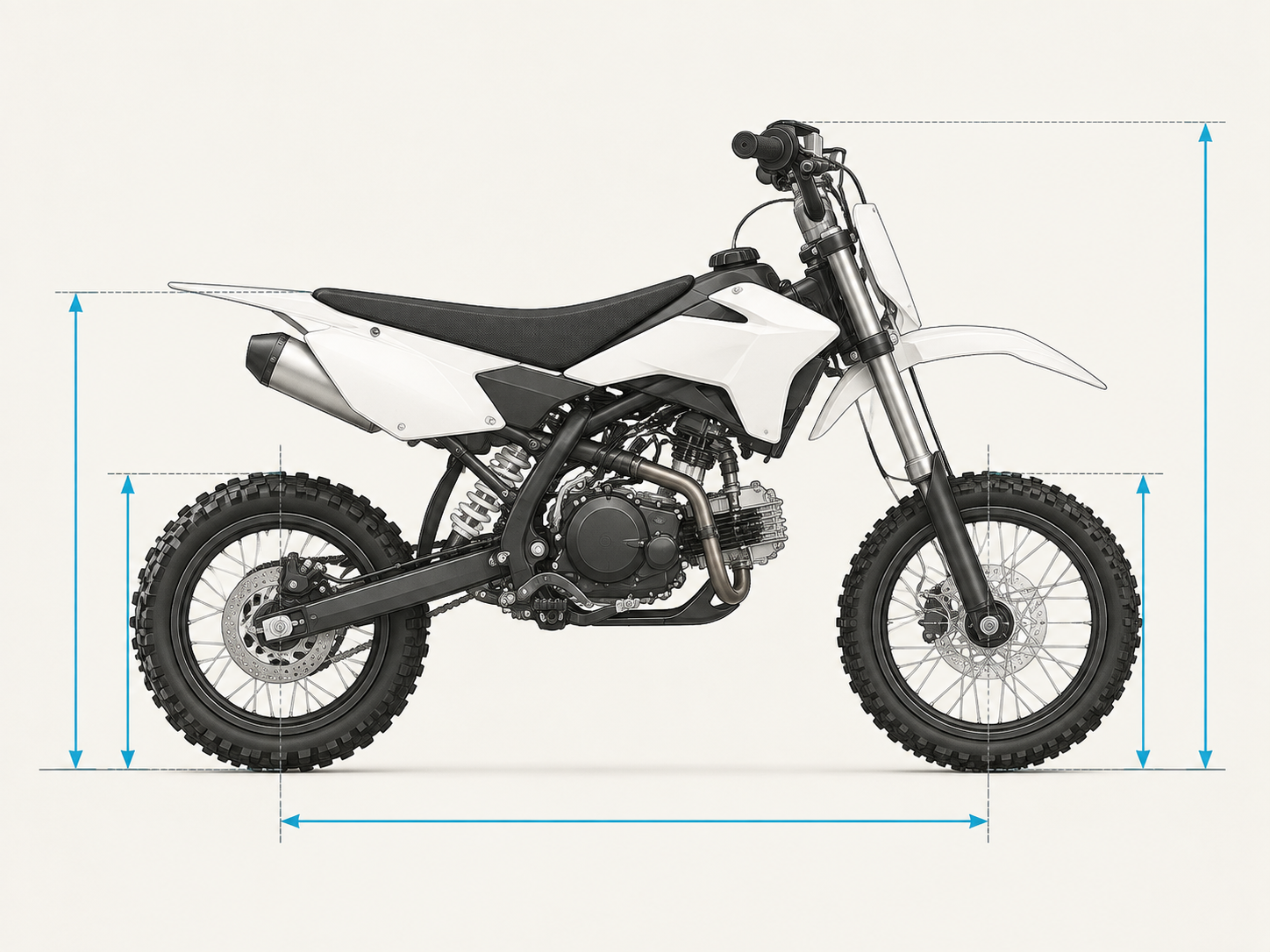 Technical dimension diagram of a generic youth mini dirt bike indicating seat height, wheel diameter, and handlebar clearance checkpoints.