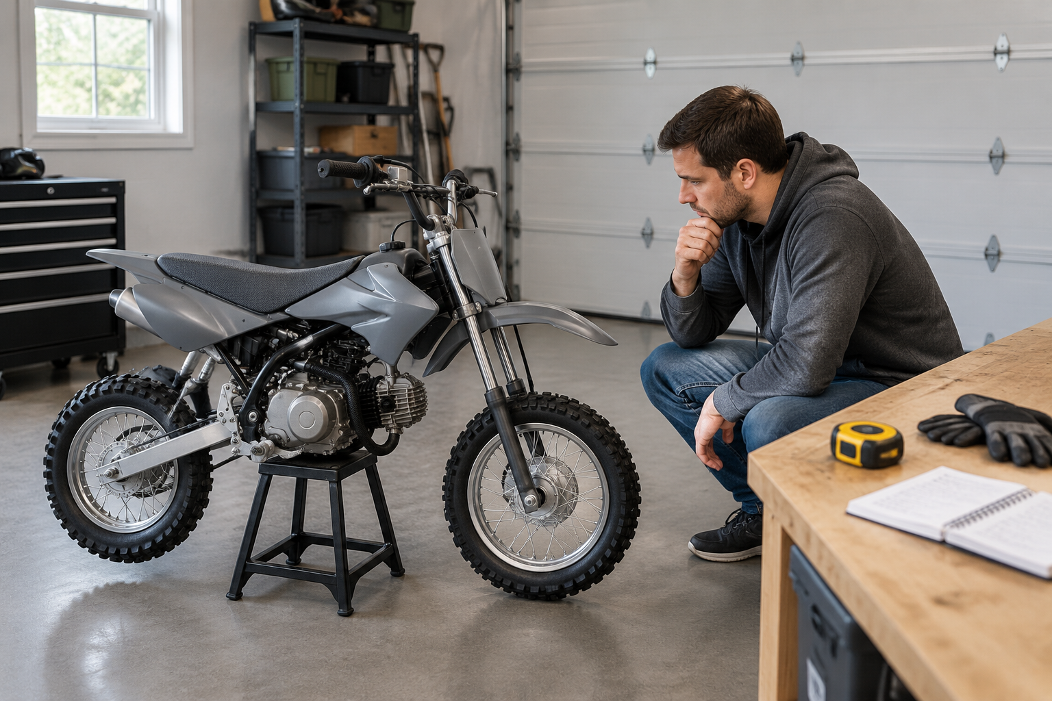 An adult evaluating an unbranded compact mini dirt bike on a stand in a workshop with a measuring tape and notepad.