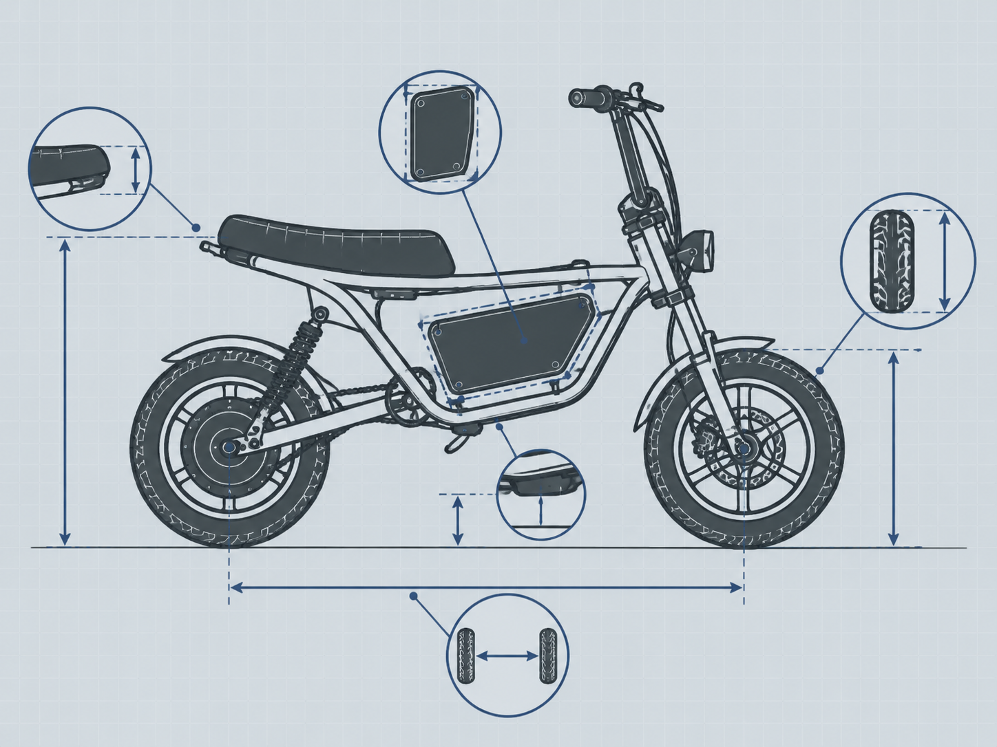 Technical side-profile schematic of an unbranded electric mini bike showing dimension verification points for seat height, wheelbase, and wheel size.