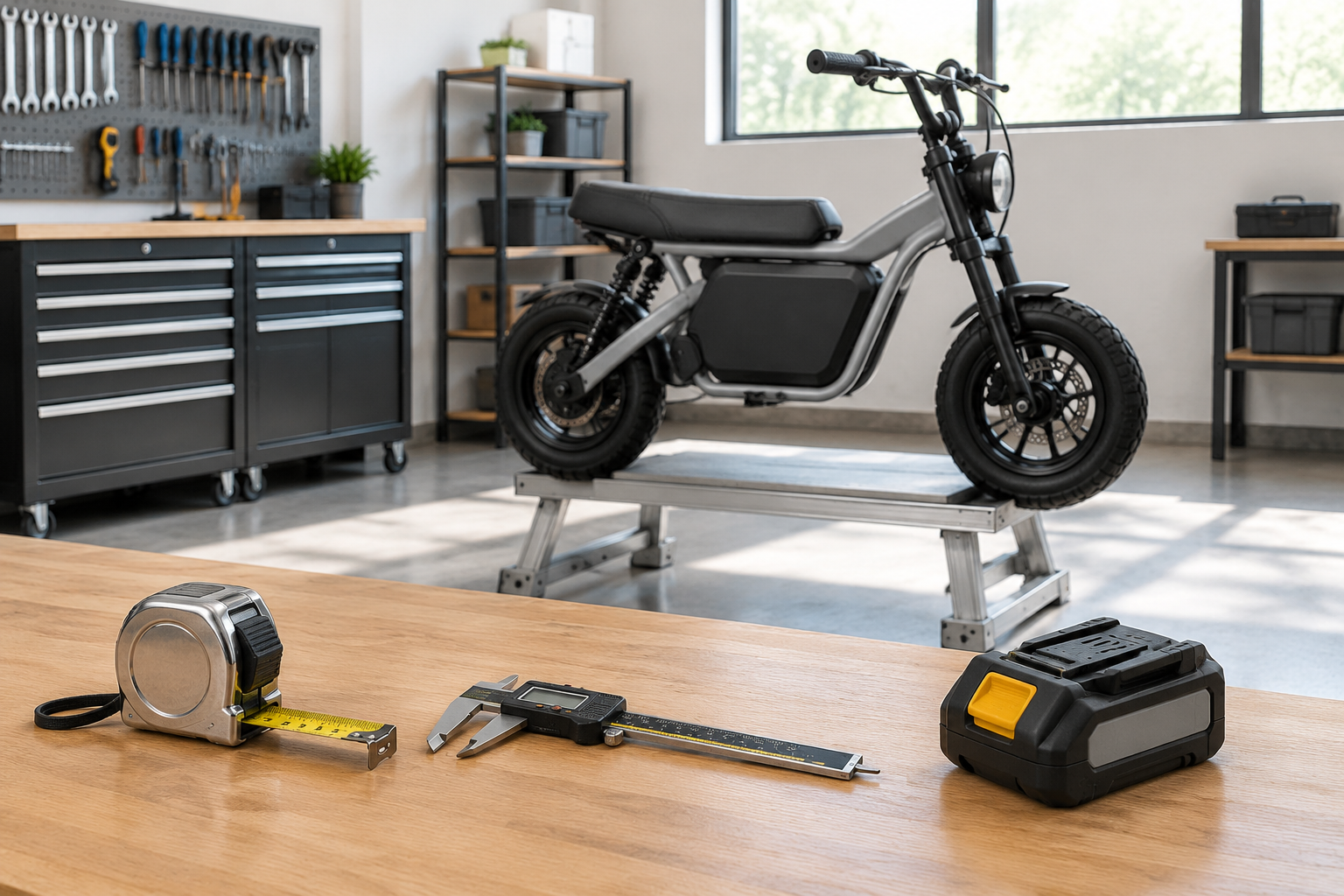 Workshop inspection bench with measuring tools, battery pack, and an unbranded compact electric mini bike on a stand.