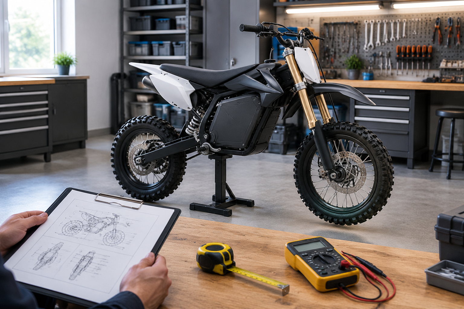 An unbranded compact electric pit bike on a stand in a workshop with measurement tools and a clipboard on a workbench in the foreground.