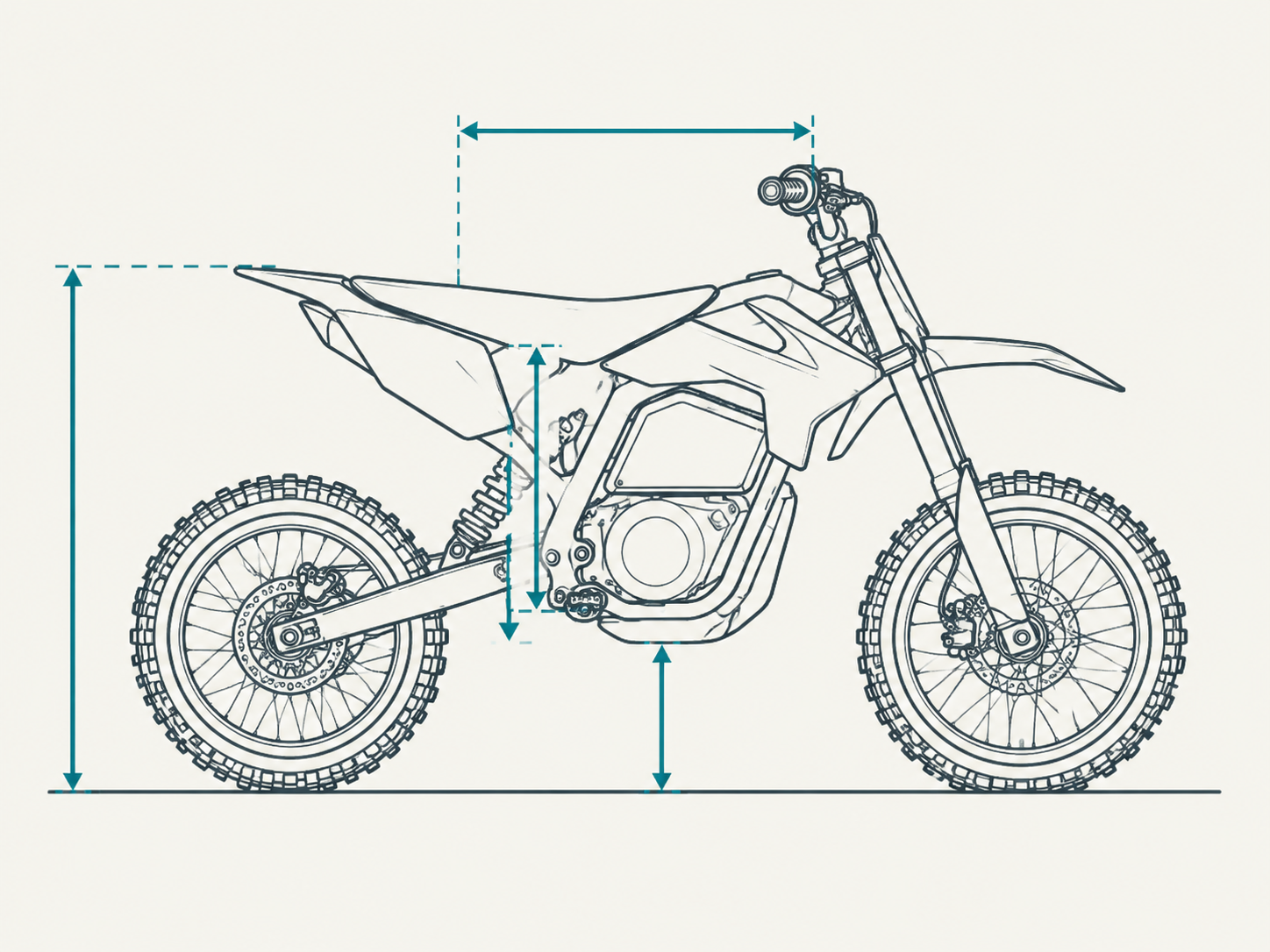 Technical silhouette diagram of a compact electric pit bike showing key fit measurement points including seat height, footpeg drop, and handlebar reach.