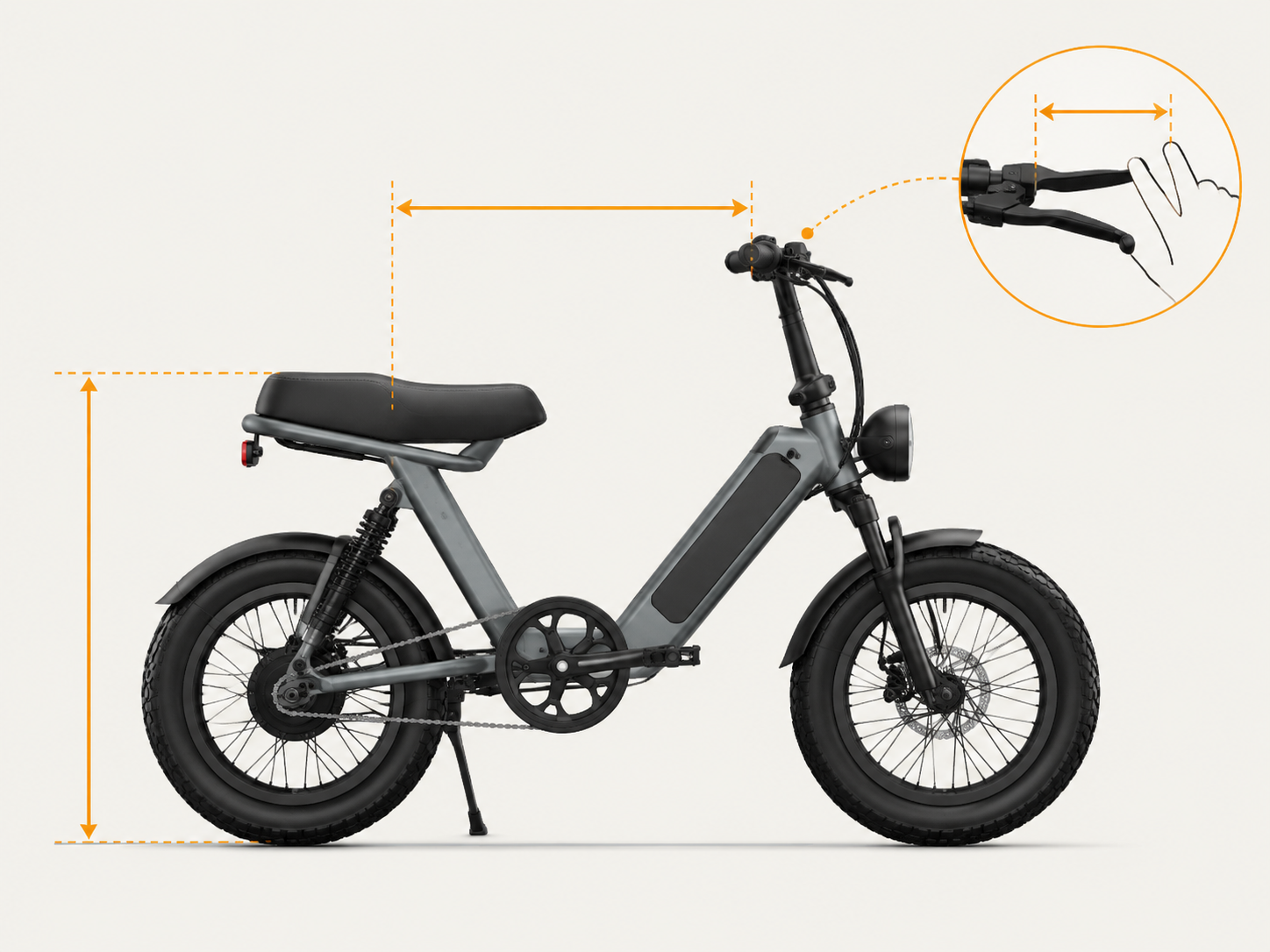 Technical diagram indicating essential physical fit measurements including seat height, handlebar reach, and brake lever distance for a youth mini bike