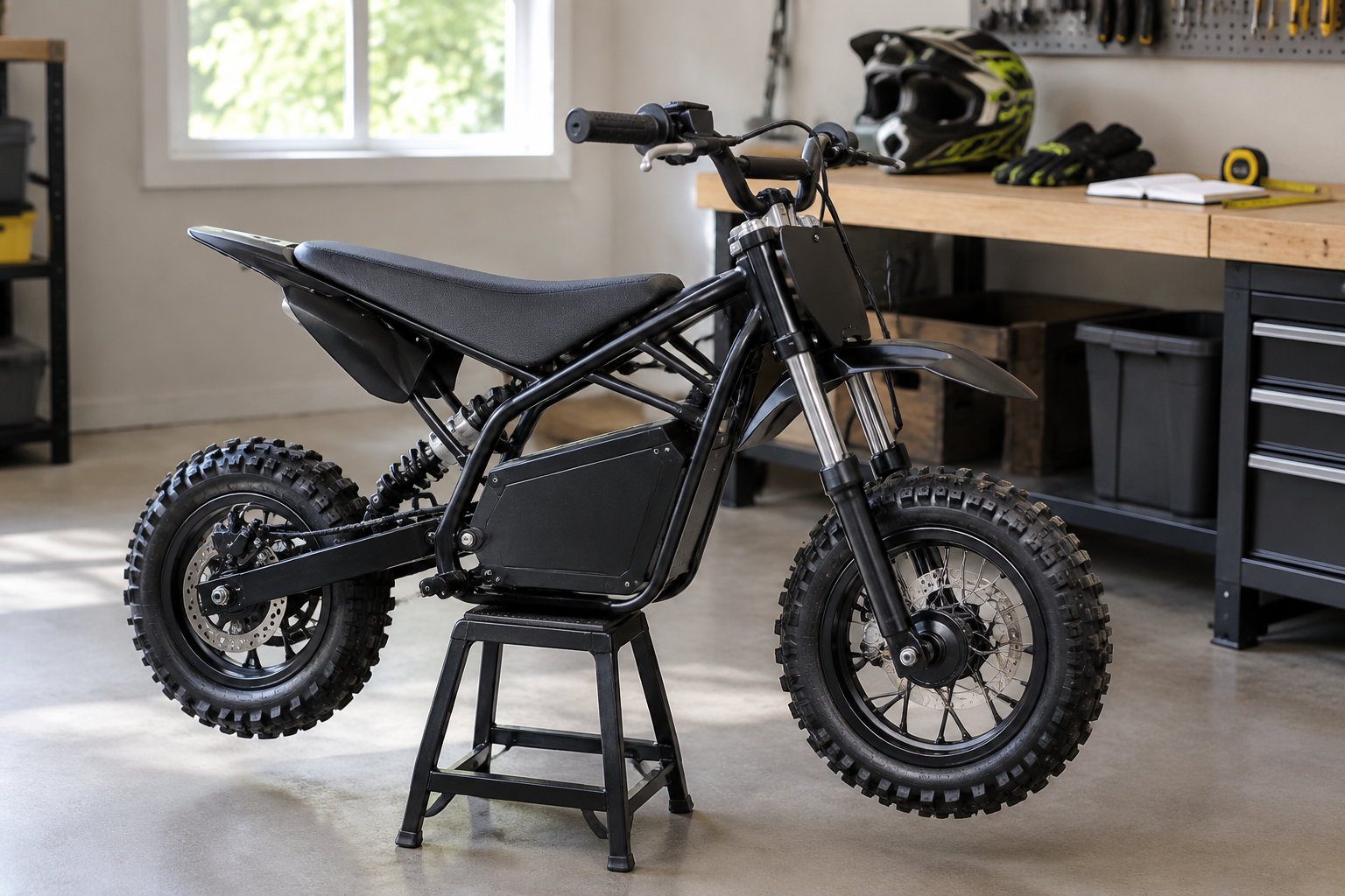 Unbranded youth electric mini dirt bike on a stand in a workshop next to youth riding gear and a measuring tape
