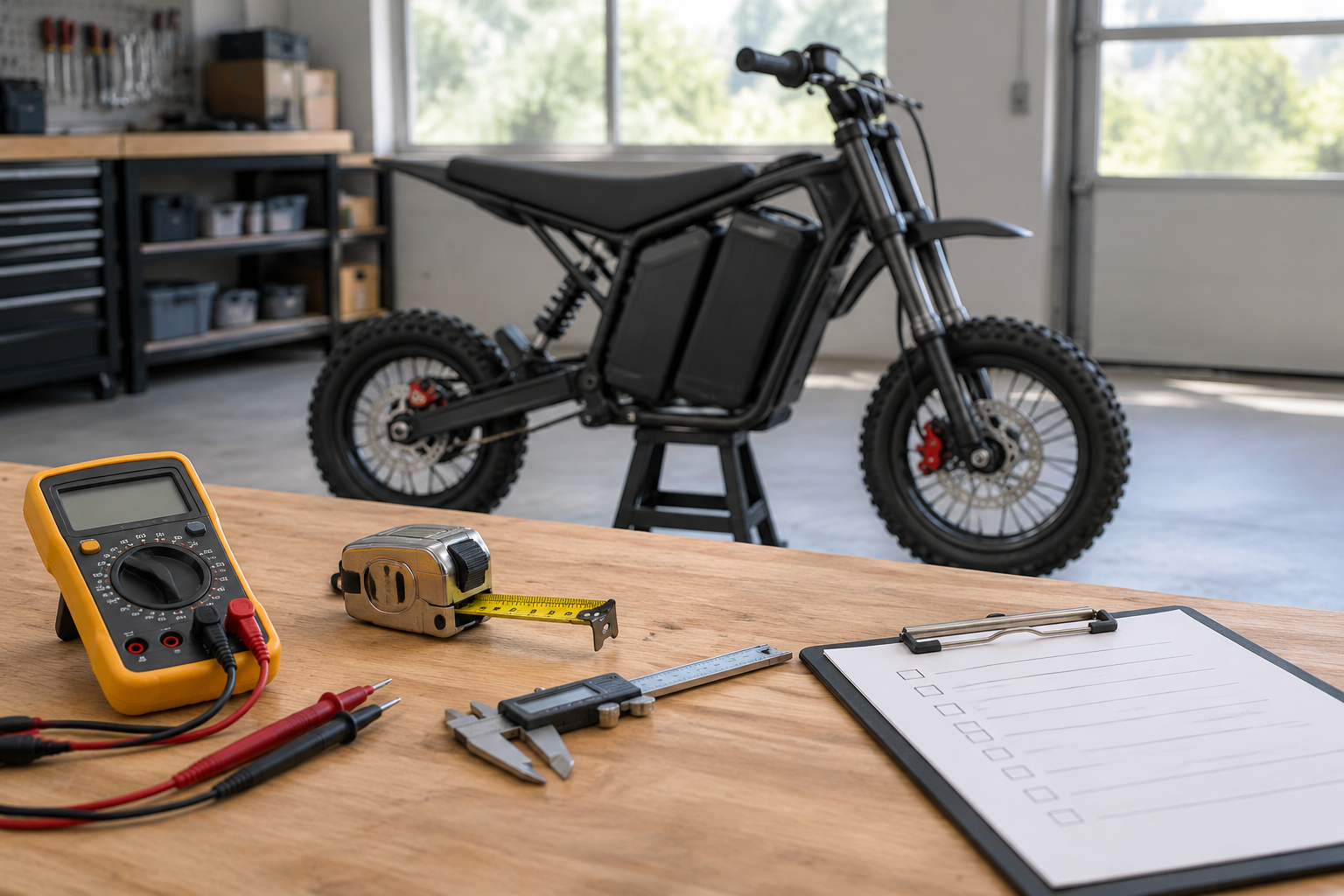 Workshop workbench with battery testing tools, measuring tape, and an unbranded compact electric pit bike in the background.