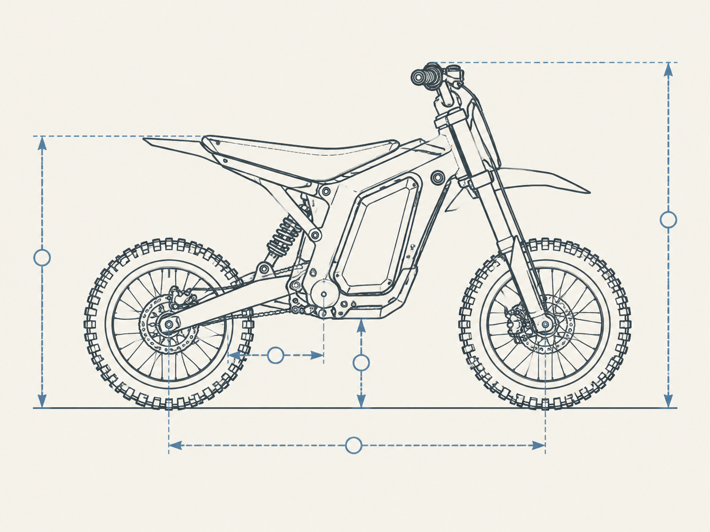Technical diagram showing essential missing fit dimensions including seat height, wheelbase, and ground clearance on an electric pit bike frame.