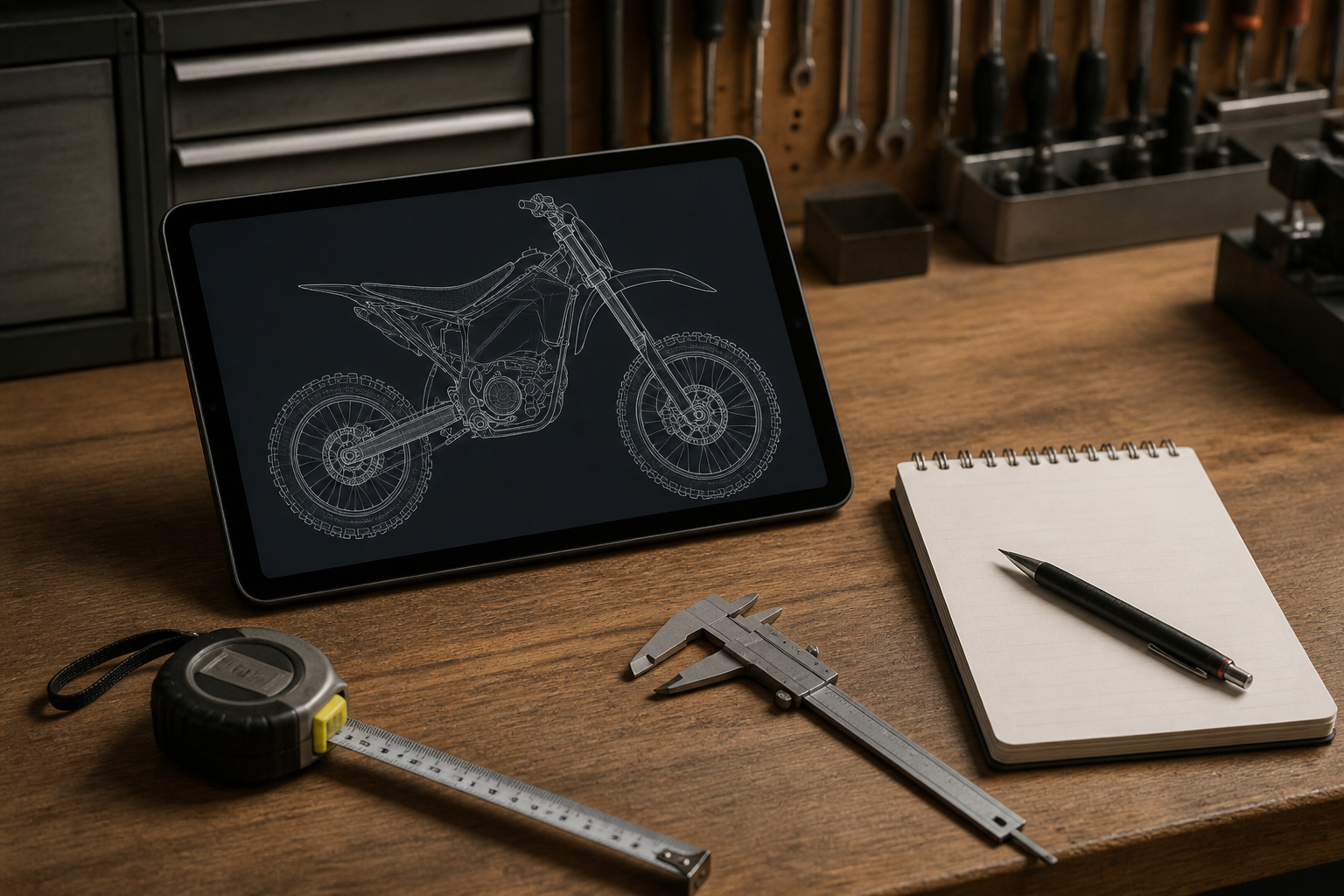 A workshop table with a digital tablet displaying an electric mini-bike outline, calipers, notepad, and tape measure.