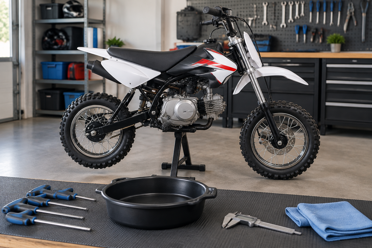 A compact horizontal-engine pit bike on a workshop stand with clutch service tools and an oil drain pan arranged nearby.
