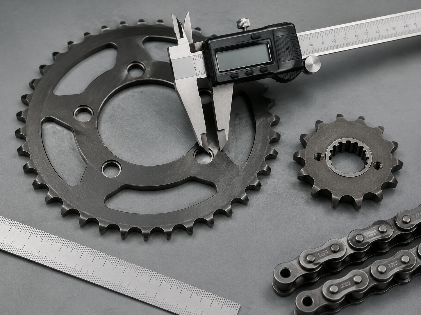 Technical workshop setup showing calipers measuring a pit bike rear sprocket bolt circle alongside a countershaft sprocket and drive chain.