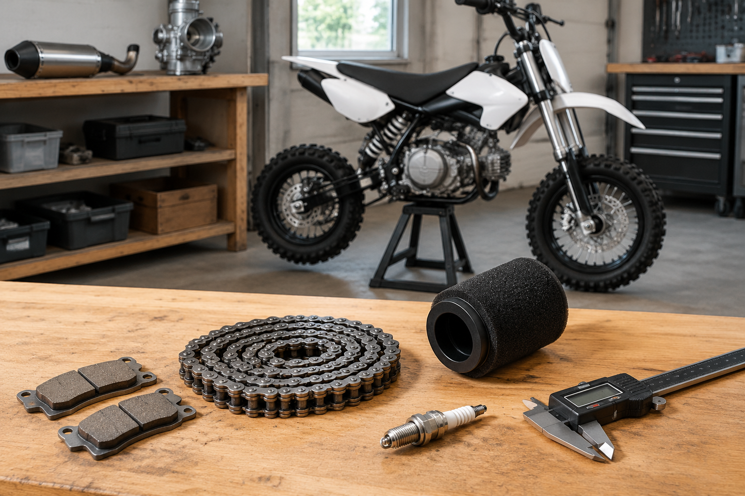 A workshop workbench displaying replacement pit bike maintenance parts including brake pads, air filter, and chain next to calipers, with a compact pit bike on a stand in the background.