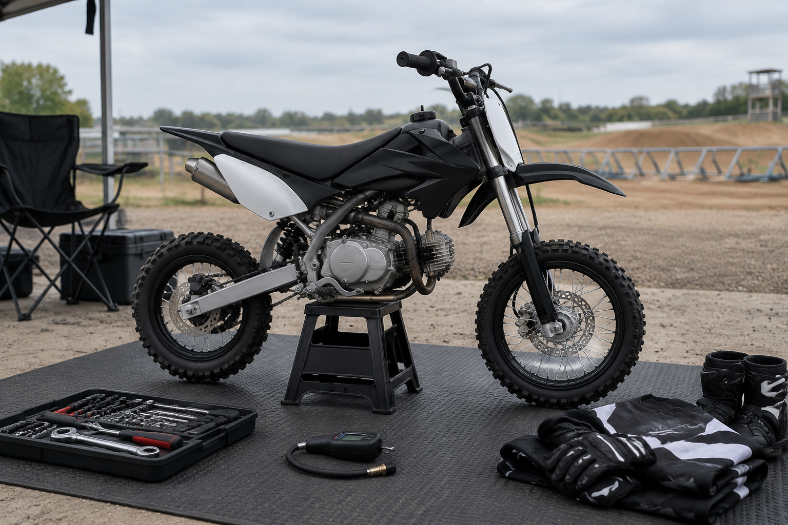 An unbranded compact pit bike on a paddock stand in an amateur race track pit area surrounded by preparation tools
