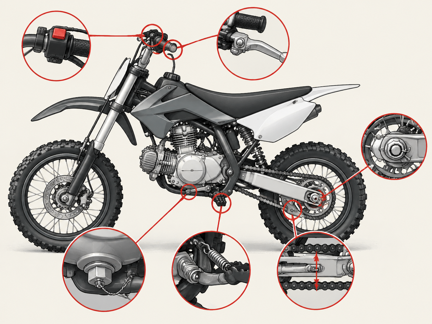 Technical diagram highlighting pre-race scrutineering check zones on a compact pit bike including kill switch, brake controls, chain slack, and safety-wire locations