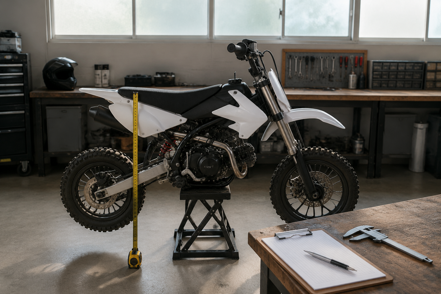A compact pit bike on a stand in a workshop with a measuring tape positioned to measure seat height from the floor.