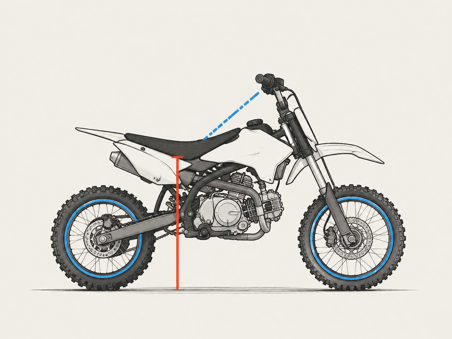 Technical side-profile diagram of a pit bike showing measurement reference lines for seat height, wheel sizes, and reach to the handlebars.
