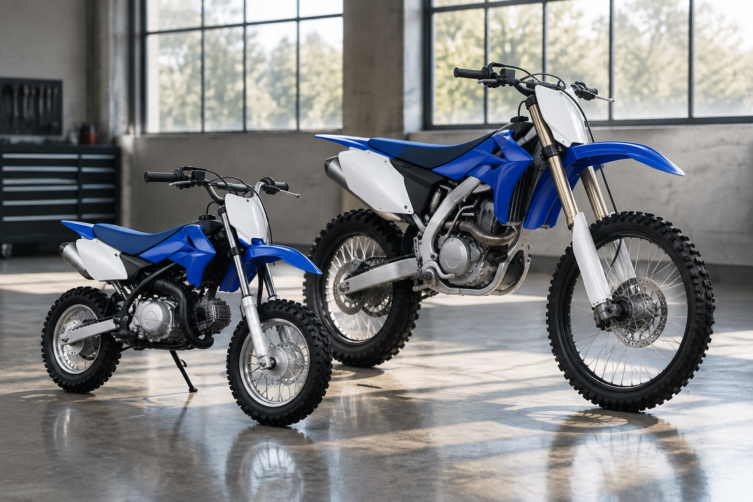 Side-by-side comparison of an unbranded compact pit bike and a larger off-road dirt bike in a workshop setting.