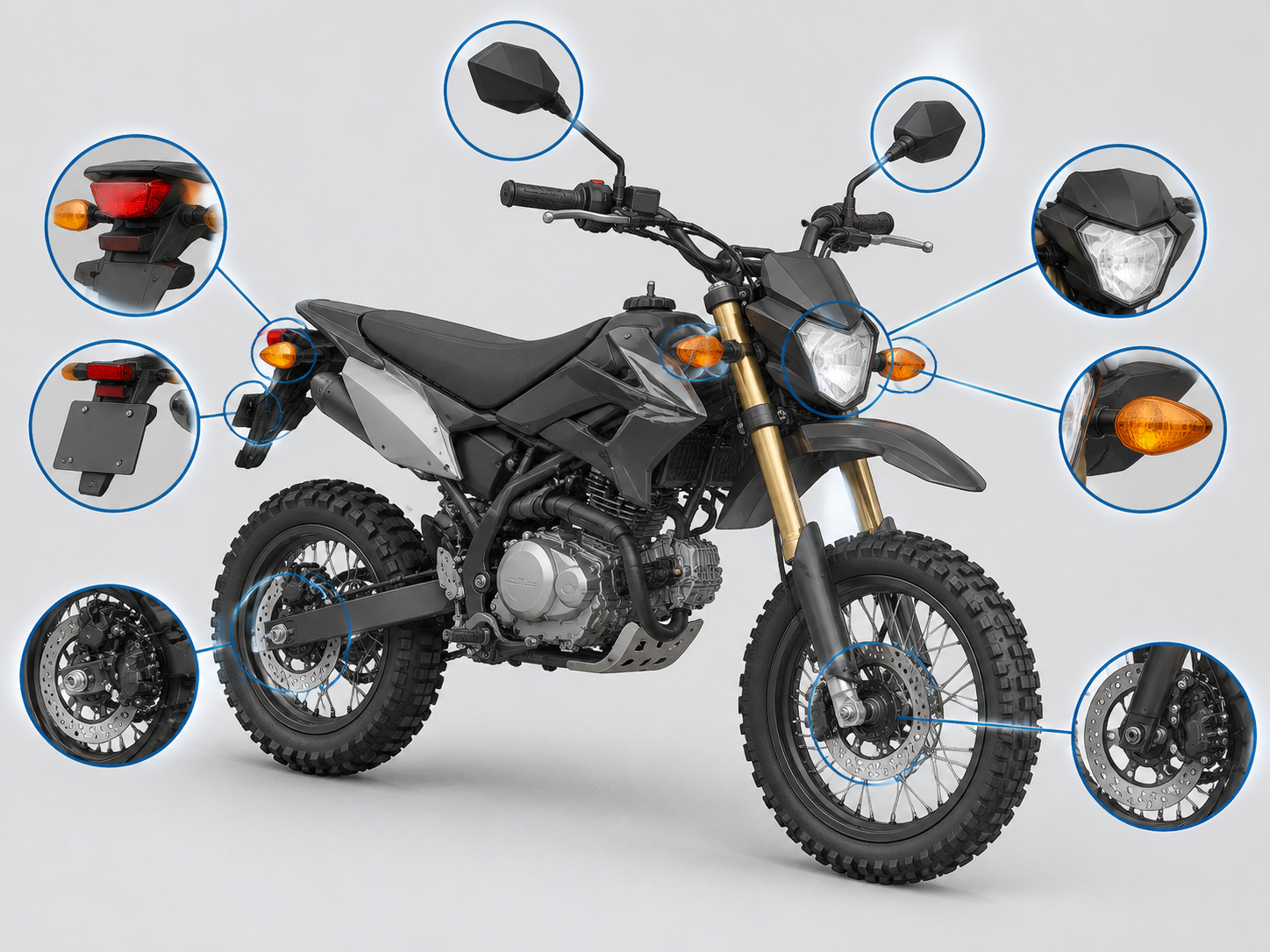 Technical diagram showing the typical equipment required for street legality on a compact pit bike, including lights, mirrors, brakes, and plate mount.