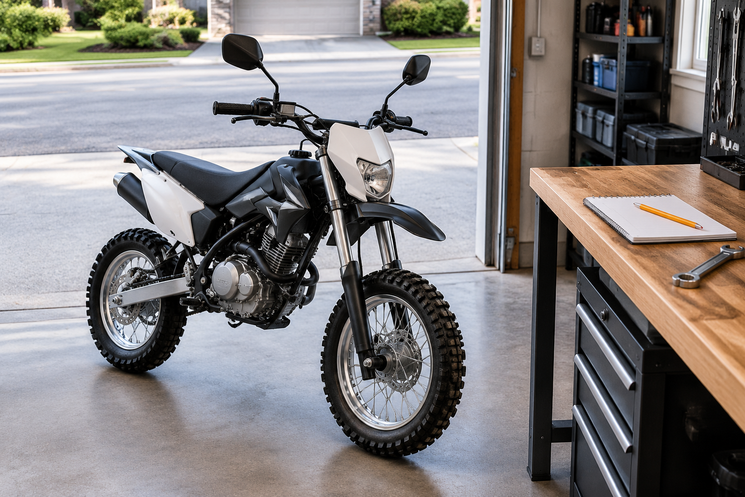 An unbranded compact pit bike parked in a garage workshop overlooking a paved road, representing the legal evaluation process for street compliance.