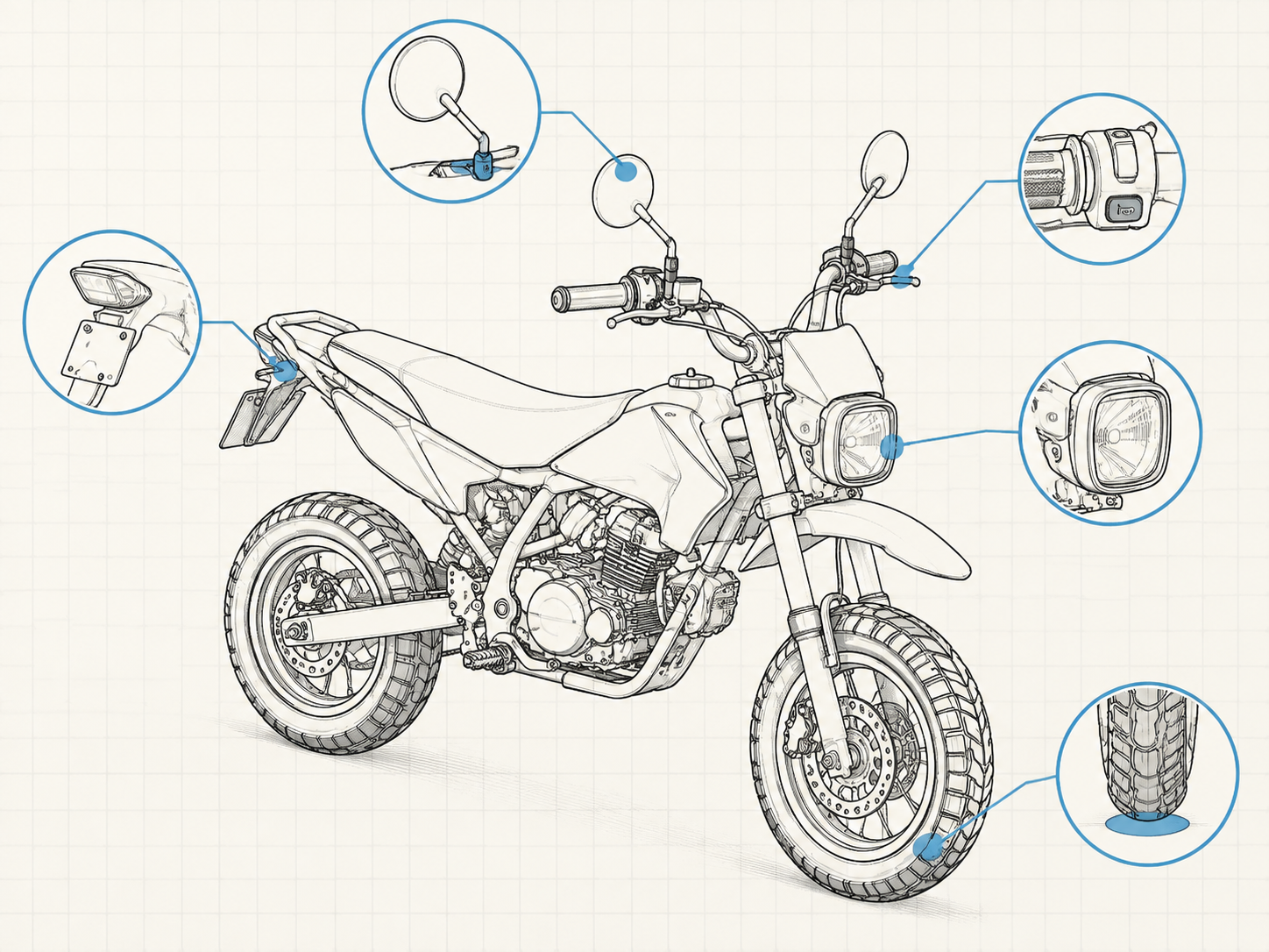 Technical isometric diagram of a generic compact pit bike highlighting typical road equipment inspection zones.