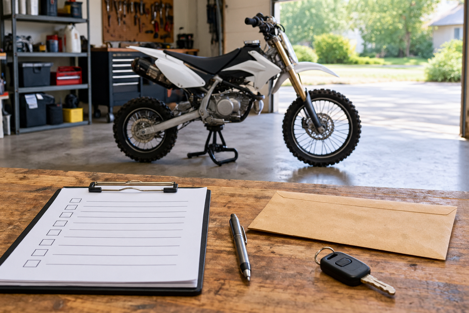 An editorial workbench scene with vehicle registration paperwork and a clipboard, with a compact pit bike parked in the soft-focus background.