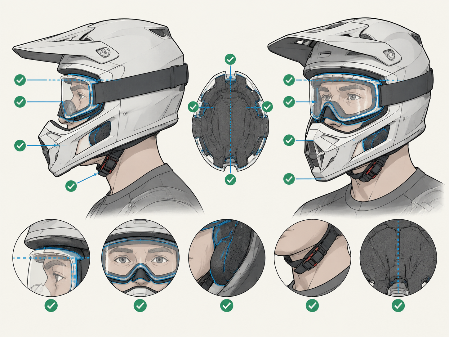 Technical diagram illustrating helmet fit verification points, including level brow positioning, goggle clearance, chin strap tension, and shell inspection zones.