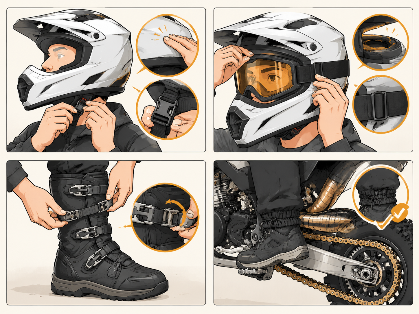 Step-by-step visual diagram showing pre-ride gear checks for helmet retention, eye protection, boot closures, and tucking loose clothing away from drive components.