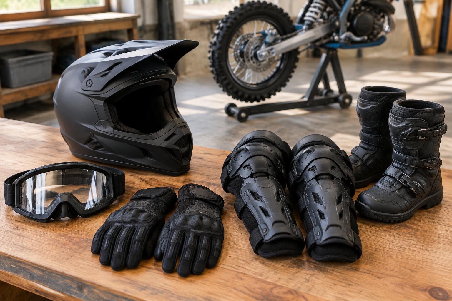 Organized arrangement of essential pit bike protective equipment including an off-road helmet, riding goggles, gloves, knee protection, and boots on a workshop bench.