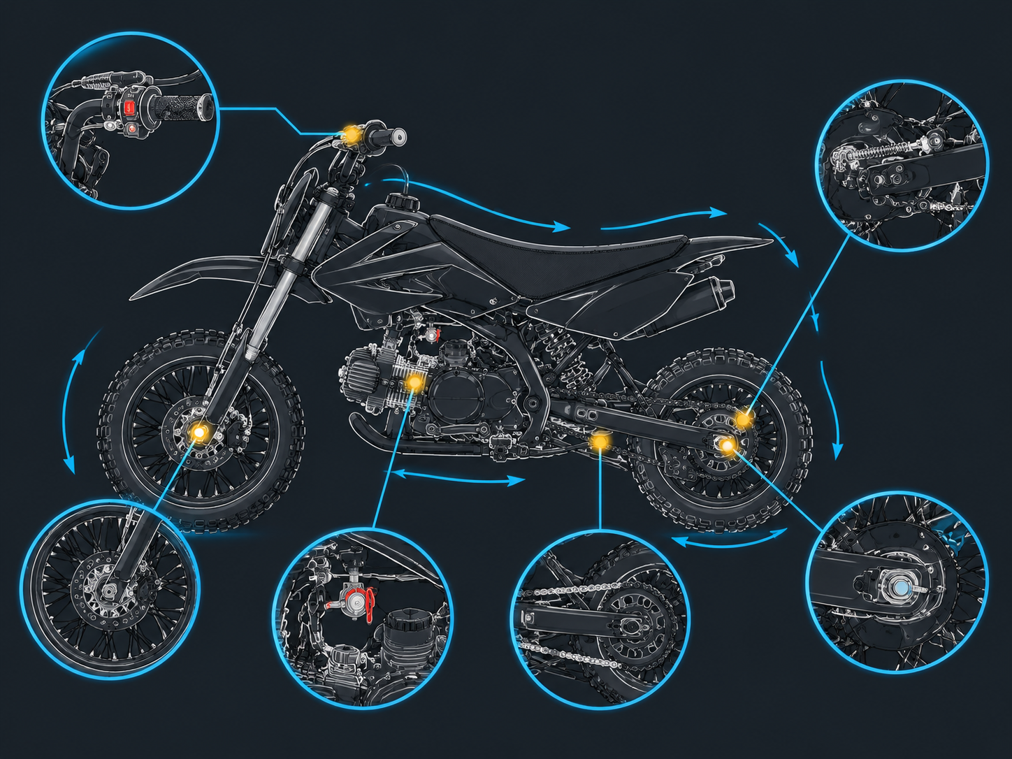 Technical side-profile diagram of a compact pit bike showing pre-ride inspection zones from controls to rear drivetrain.