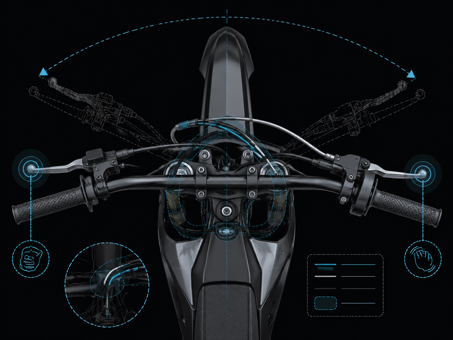 Overhead technical diagram showing handlebar sweep check for throttle cable clearance and brake lever travel at steering lock.