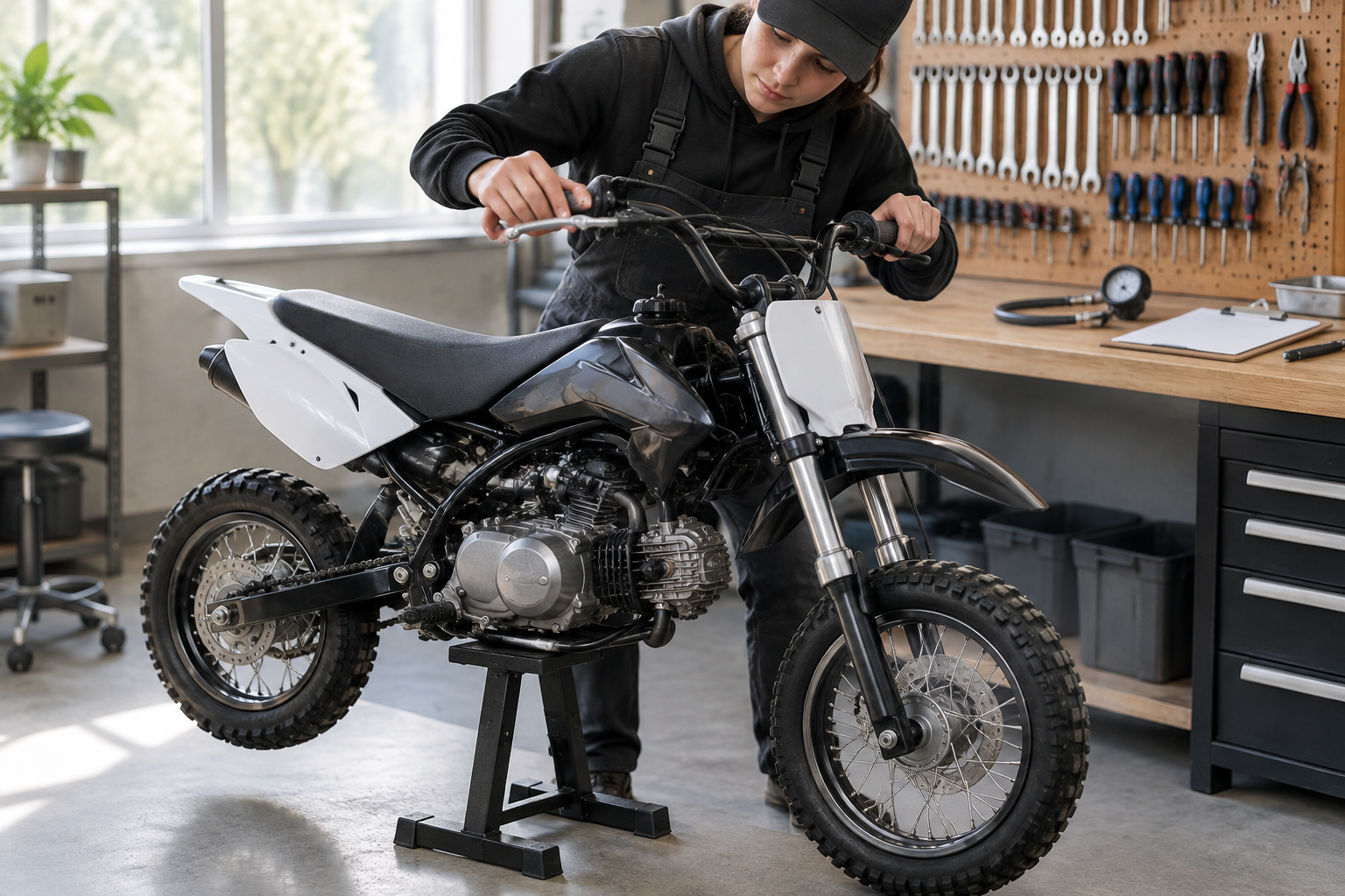 Adult mechanic conducting a stationary pre-ride safety inspection on a compact pit bike mounted on a garage stand.