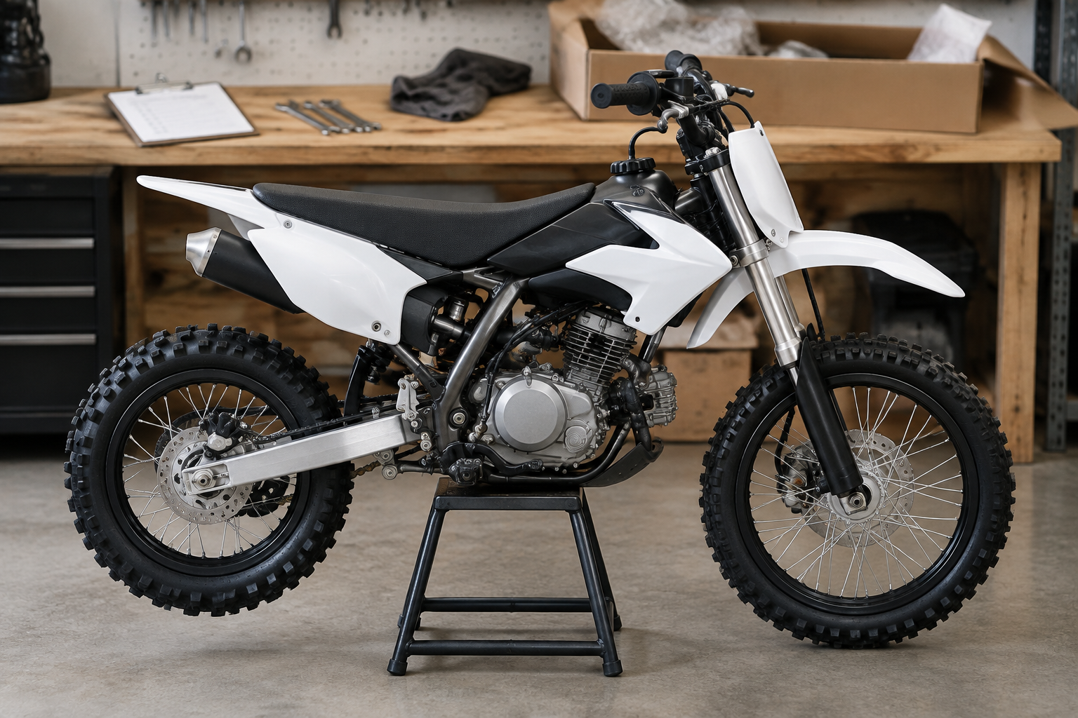 Neutral compact youth pit bike on a workshop stand during unboxing and pre-ride inspection.