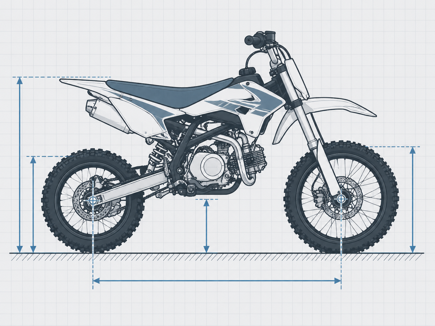 Technical dimension schematic showing the seat height, ground clearance, and staggered wheel proportions of a youth pit bike.
