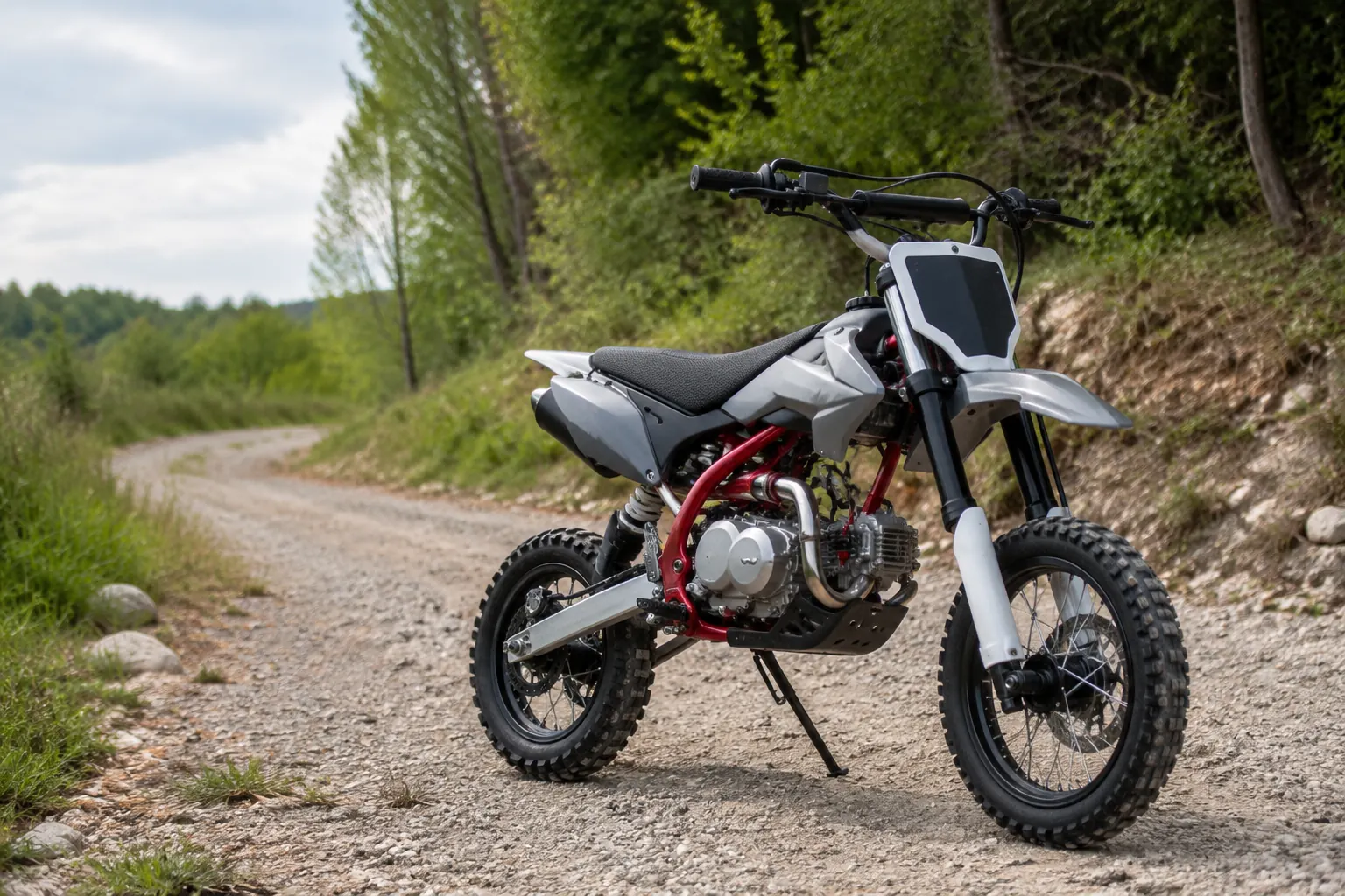 Compact off-road pit bike parked beside a trail for a buying guide