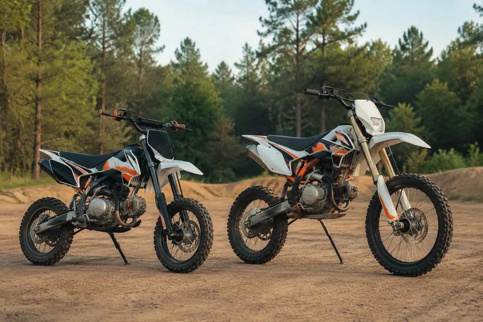 Two compact off-road bikes positioned side by side for comparison