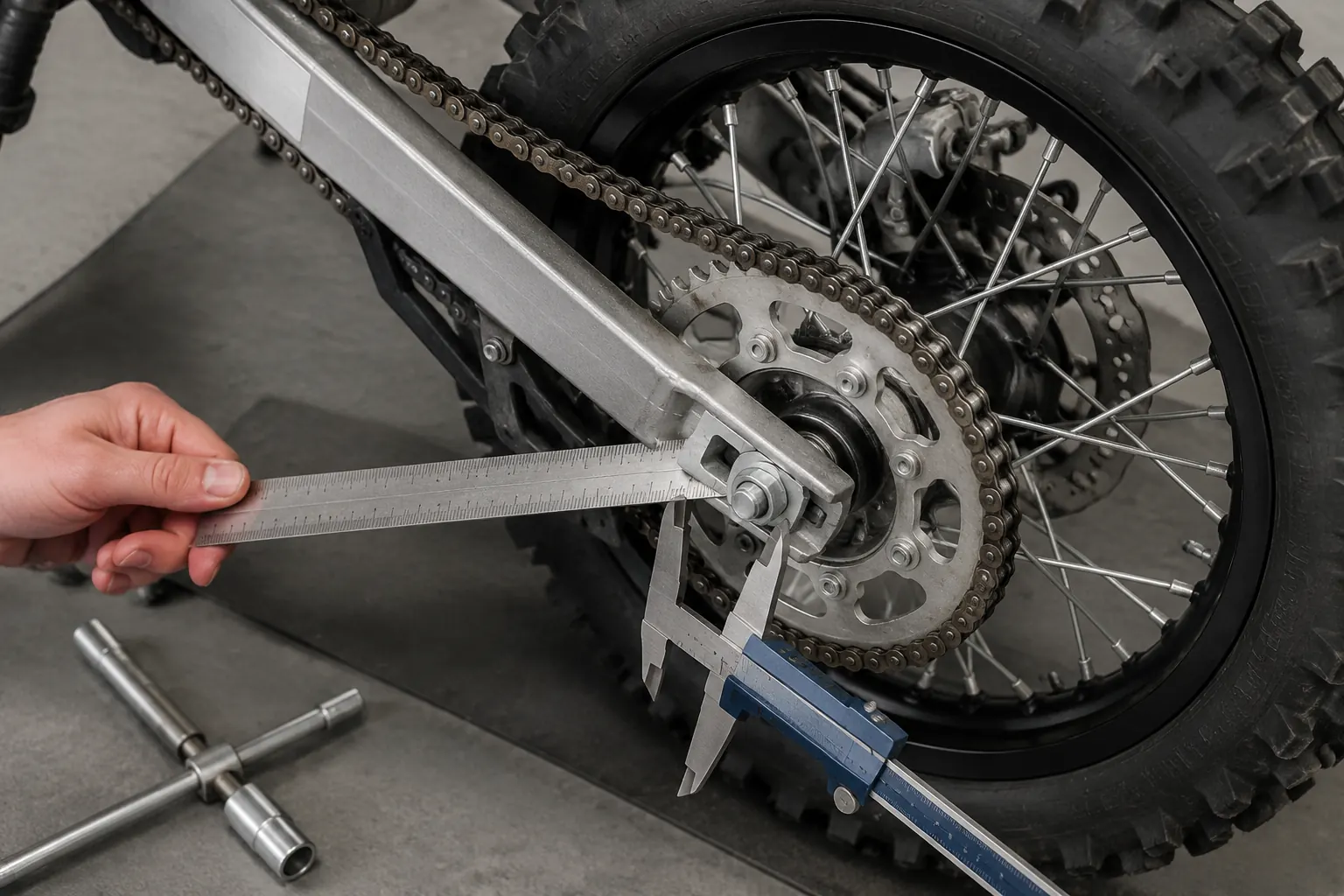Pit bike wheel, chain, and sprocket measurements being checked