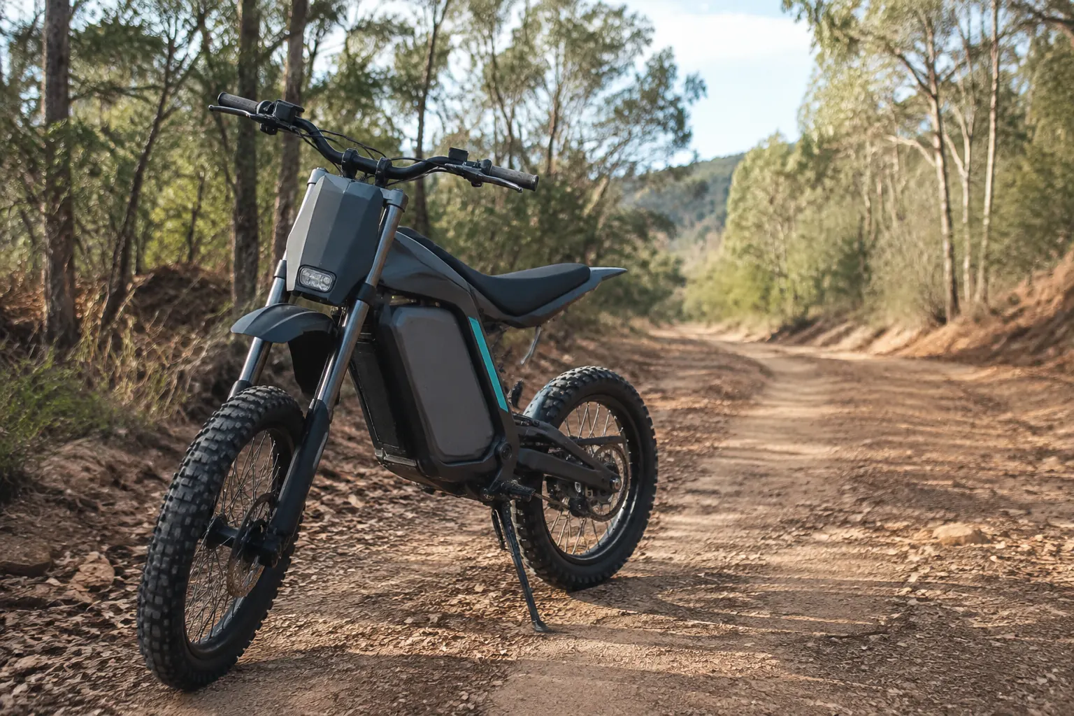 Compact electric off-road bike on a dry trail