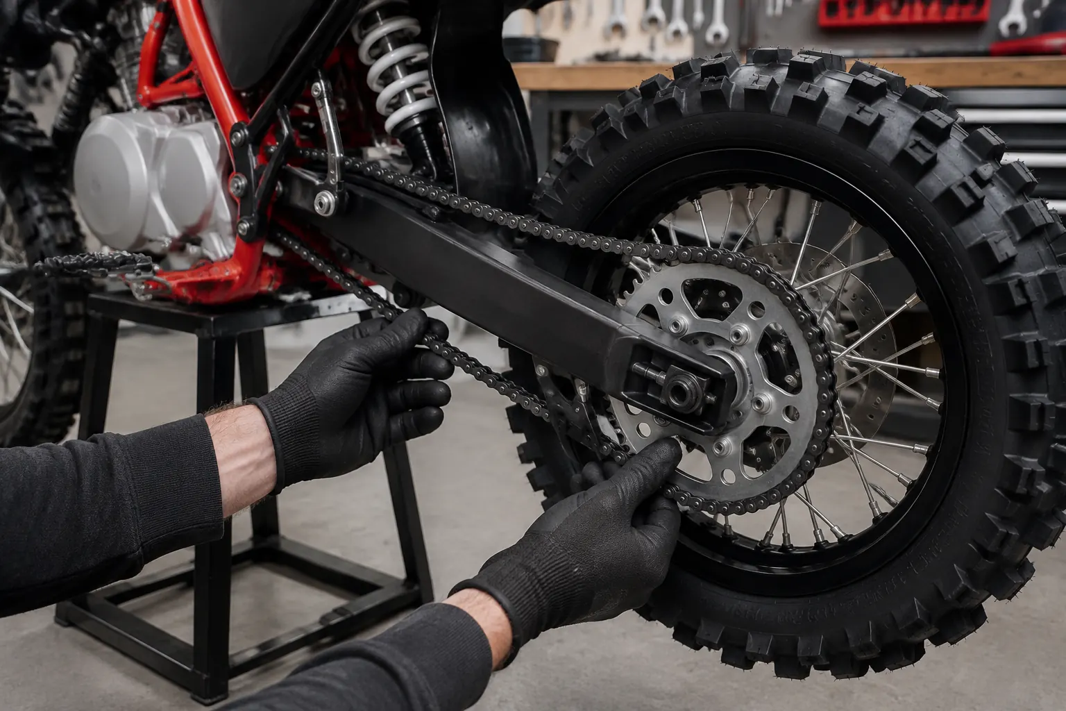 Hands inspecting a pit bike chain and rear sprocket in a workshop