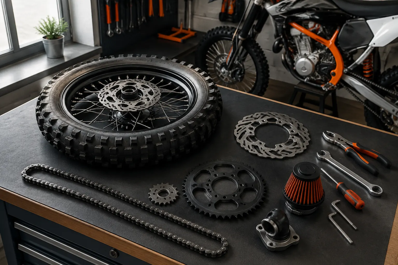 Pit bike maintenance parts and tools arranged on a workshop bench
