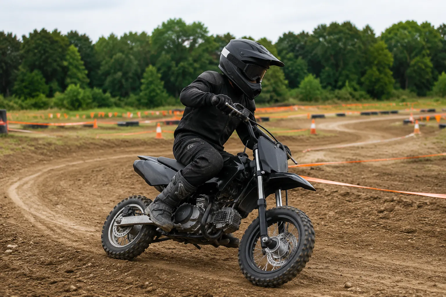Compact pit bike on a marked off-road practice track