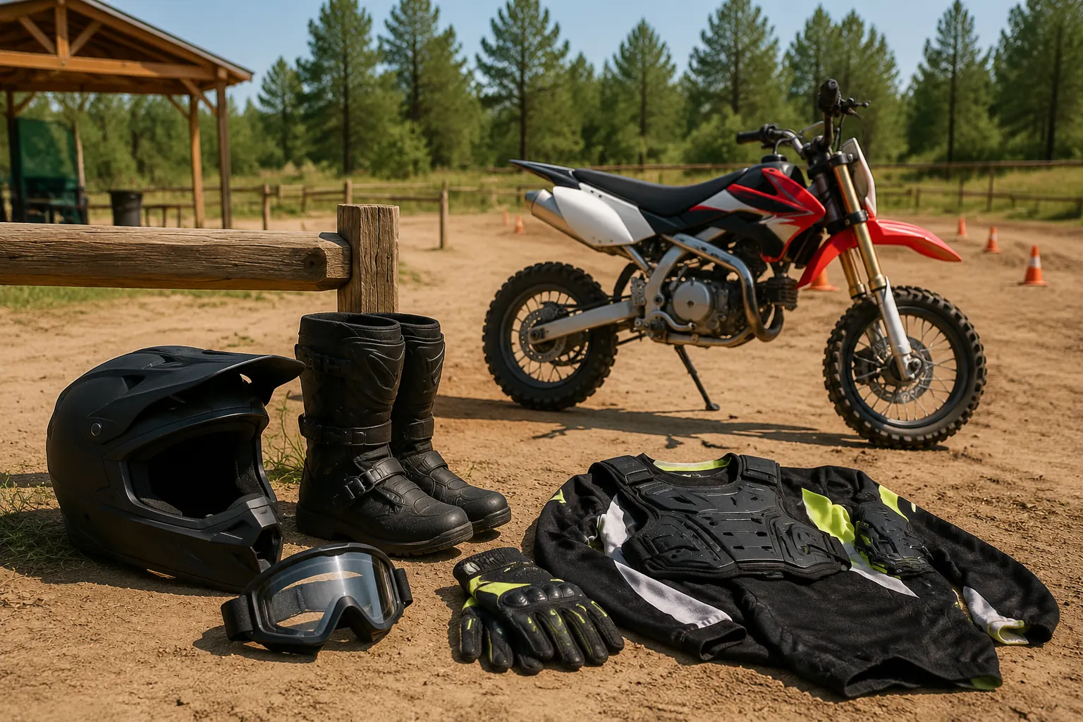 Helmet and protective riding gear beside a compact off-road bike